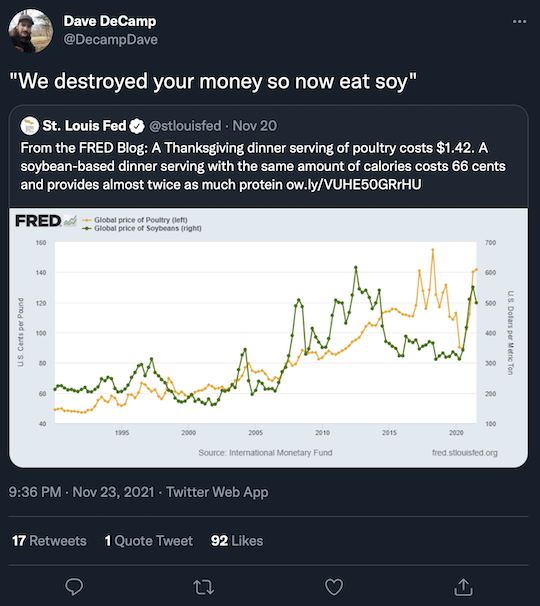 We destroyed your money so now eat soy tweet